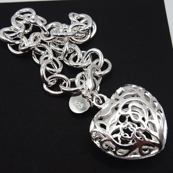 Fine Silver Jewelry - Beautiful Carved Heart Pendant Bracelet Stamped .925 Solid Sterling Silver